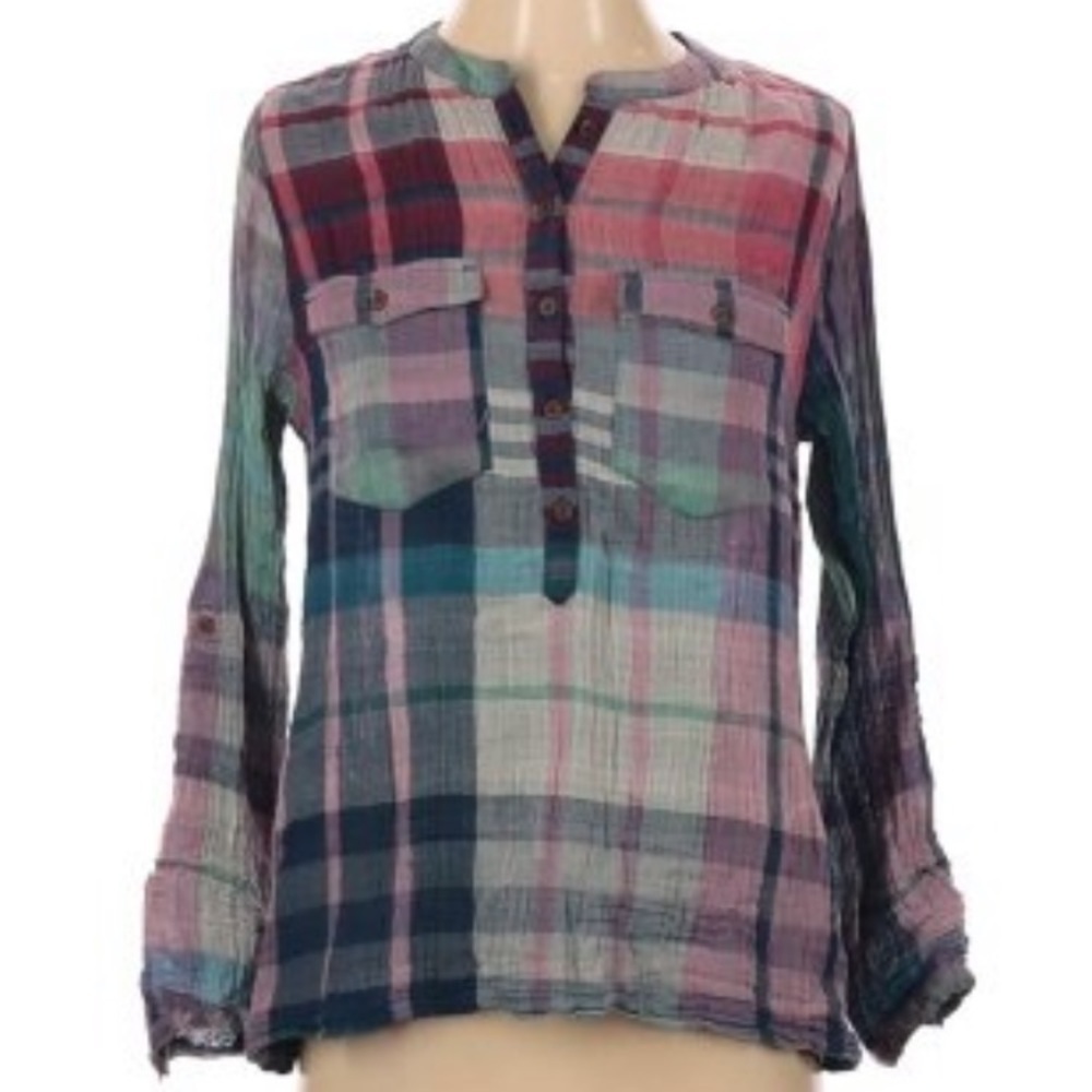 Soft Surroundings gray green‎ pink flannel top XS outdoor soft plaid casual
